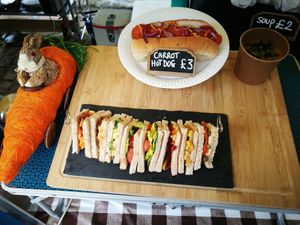 Carrot hotdog, sandwiches, souo at Vegetate in Aylesbury