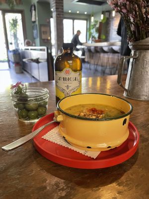 V soup of the day, olives and booch  at Satellite in Santa Barbara