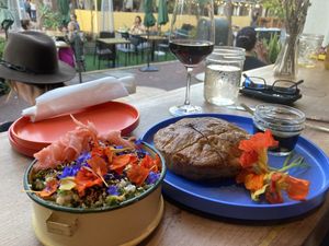 Spring pea couscous and focaccia  at Satellite in Santa Barbara