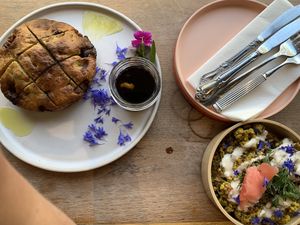 focaccia and cauliflower cous cous  at Satellite in Santa Barbara