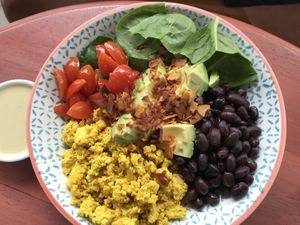 Tofu scramble and toppings! at One Happy Bowl in Noord