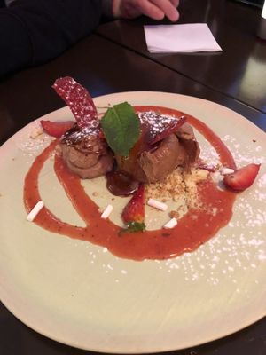 Vegan Mousse au Chocolate with salted caramel, strawberry sauce and crumble ❤️  at MammaMia in The Hague