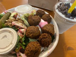 Falafel salad and mint chocolate shake at Goldie - Penn Food Hall in Philadelphia