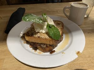 Vegan French toast and coffee at Green Eggs Cafe - Midtown Village in Philadelphia