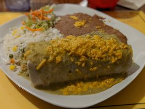 Enchilada with beans, rice and soy cheese at South of the Border in Desert Hot Springs