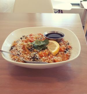 Healing Kitchari Bowl with Tamari sauce. at The Green Moustache in Port Moody