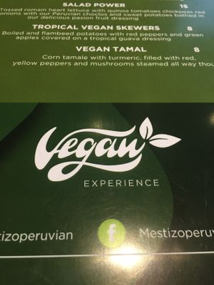 Vegan menu  at Mestizo Fusion Cuisine in West Palm Beach
