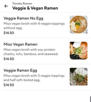 Veg Options  at Torraku Ramen in San Francisco