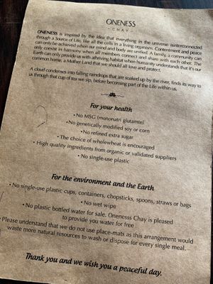 Restaurant principles  at Oneness Chay in Hanoi