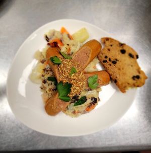 Vegan Bangers served with Bubble & Squeak, soda bread, grain mustard at Newcastle Publick House in Newcastle
