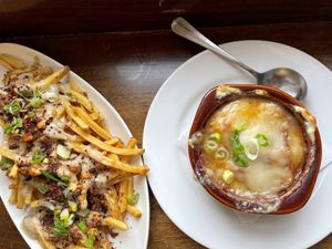 Vegan French onion soup and Vegan cheesy fries. at Newcastle Publick House in Newcastle