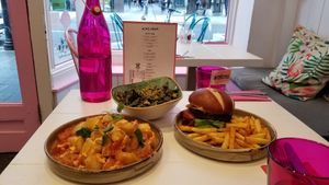 Patatas bravas, Kale chips, Kalifornia Burger at Kalifornia Kitchen in London