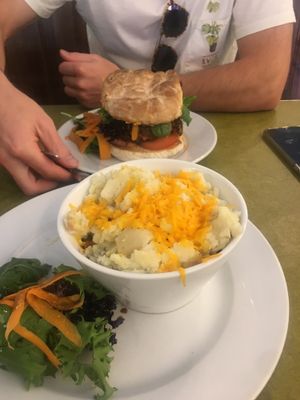 Vegan burger and vegan Shepard’s pie.  at Embassy Vegetarian Cafe in Katoomba