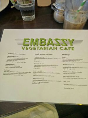 Menu at Embassy Vegetarian Cafe in Katoomba
