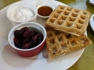 Vegan waffles at Embassy Vegetarian Cafe in Katoomba