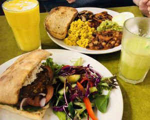 Burger and big breakfast  at Embassy Vegetarian Cafe in Katoomba