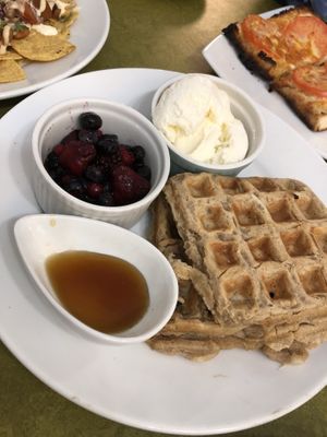 Waffles with berries and ice cream at Embassy Vegetarian Cafe in Katoomba