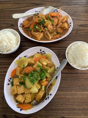 Lemongrass at top; curry tofu and l lower part of image. Both served with rice. Great valuee  at VietBowl in Guam
