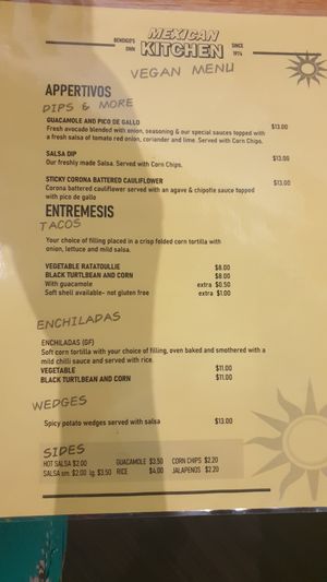 Menu at Mexican Kitchen in Bendigo