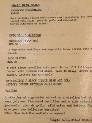 Veg menu  at Mexican Kitchen in Bendigo