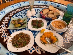 Stuffed veggies, lentil salad, sweet potato salad, fava beans, falafel  at Sofra in Luxor