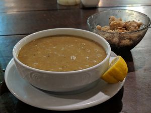Lentil soup and crunchy croutons at Sofra in Luxor