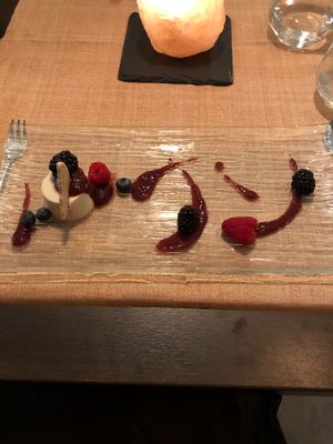 Vanilla lemon mousse with red berry coulis and shortbread at Seiperdue in Rome