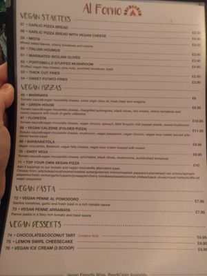 The vegan menu at Al Forno in Brighton