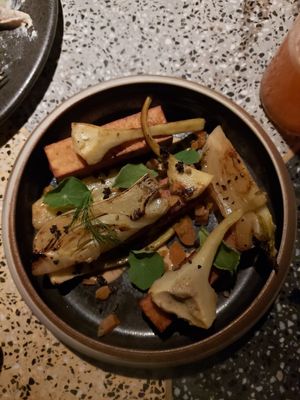 Panisse, alcaucil, damasco, crema de girasol. at SACRO in Buenos Aires