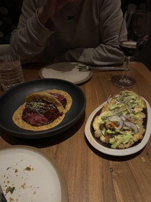 Tostones de plátano y tacos poblanos at SACRO in Buenos Aires