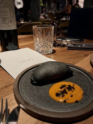 Charcoal empanada stuffed with mushrooms   at SACRO in Buenos Aires