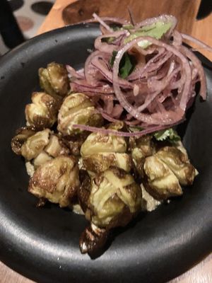 Brussels sprouts with a delicious mole  at SACRO in Buenos Aires
