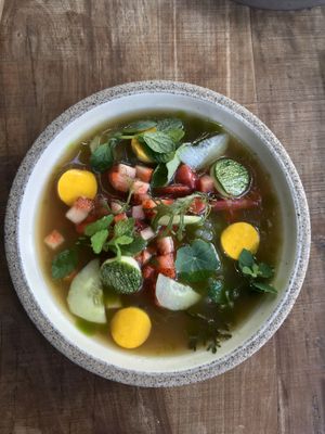 Zucchini, Cucumber and strawberry soup at SACRO in Buenos Aires