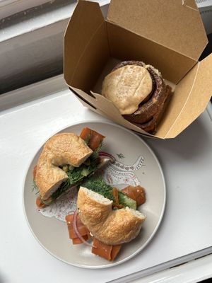 Carrot lox bagel, cinnamon roll  at Little Fitzroy Coffee in Edinburgh