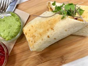 Tofu, Vegan Cheese & Bean Burrito from Cartel Burritos. at Knucklebone Coffee Bar in Martinborough