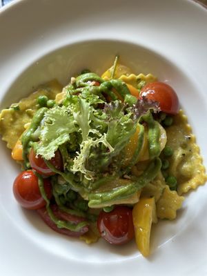 Pea Ravioli with its salad  at The Lamb Inn in Burford
