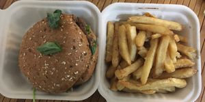 Takeout burger and fries at Bareburger - Columbus Ave in New York City