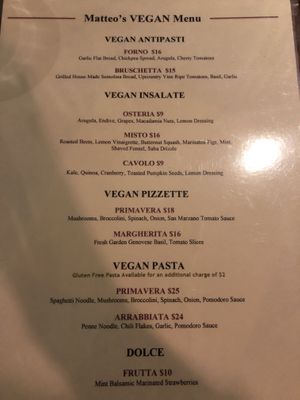 Vegan menu  at Matteo's Osteria in Wailea