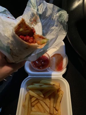 Chckn wrap and fries at Vegology in West London