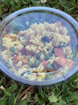 Rice with vegetables and tofu. Note the compostable packaging. Cutlery is made of bamboo  at Vivi Bistrot - Vila Pamphili in Rome