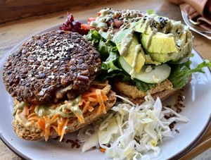 Warrior sandwich with burger patty instead of tofu  at Puerto&Co in Puerto Viejo De Talamanca