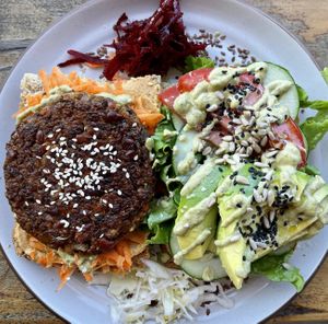 Warrior sandwich with burger patty instead of tofu  at Puerto&Co in Puerto Viejo De Talamanca