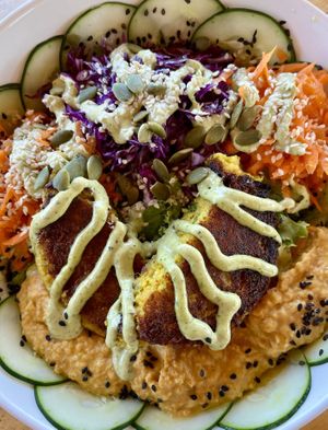 Bowl with chickpea patty (no beets or tomato)  at Puerto&Co in Puerto Viejo De Talamanca