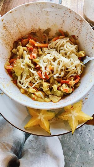 Rice noodles with coconut curry at Puerto&Co in Puerto Viejo De Talamanca