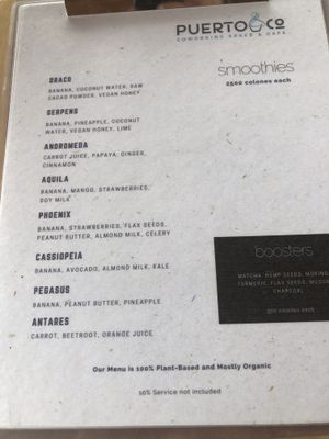 Smoothie menu at Puerto&Co in Puerto Viejo De Talamanca