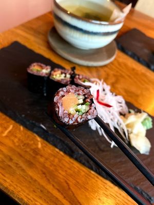 Smoked salmon black rice sushi - wow! at Secret Garden in Berlin