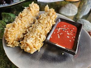 'Kazuki Sticks': silk tofu coated in crispy rice flakes & raspberry-chili dip (5.5€) at Secret Garden in Berlin