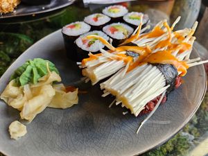 Front: Enoki mushrooms Nigiri (5.5€); back: avocado & plant salmon 'Avo Lax' Maki (5€) at Secret Garden in Berlin