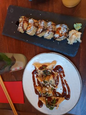 fried eggplant & sushi at Secret Garden in Berlin