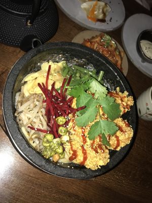 Udon noodles with fried soy rings and vegetables at Secret Garden in Berlin